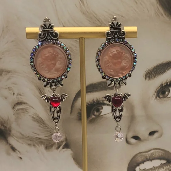 Vintage Signed Kirks Folly Whimsical Pink Cameo Crystal Ornate Silver Earrings